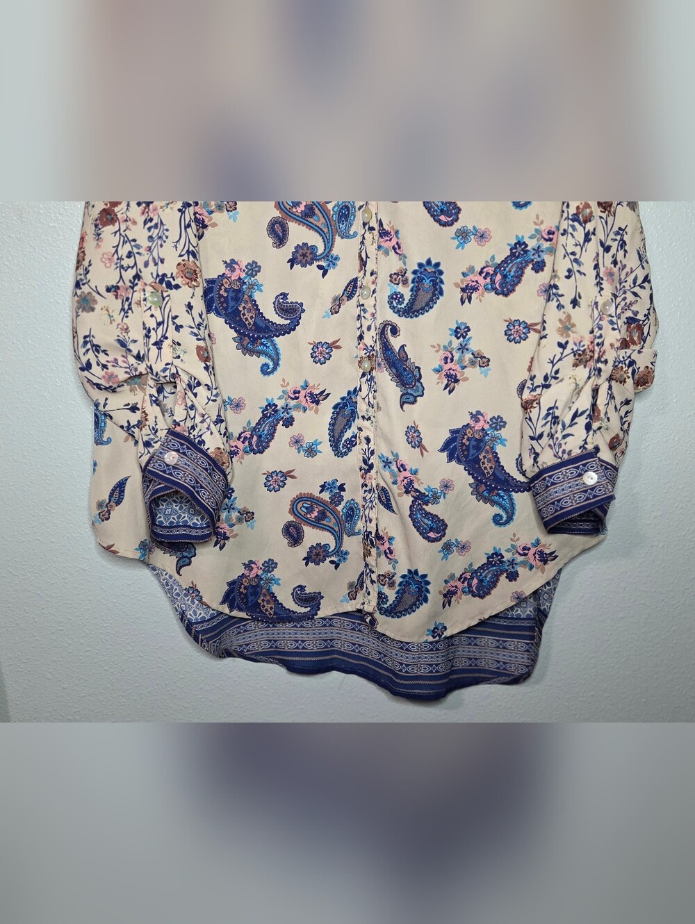 Fig & Flower Boho Paisley Floral Button Up Tunic Blouse-Roll Tab Sleeve-Size Lg - Picture 4 of 11